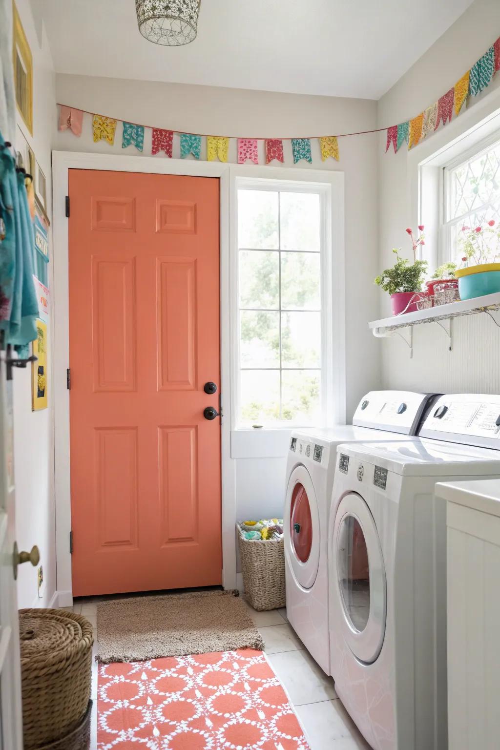 A coral 6-panel door adds a cheerful element to this brilliant laundry space.