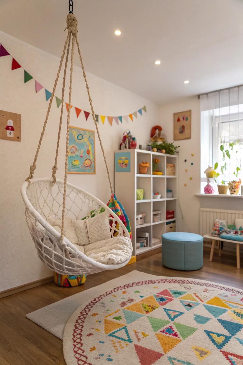 A playful swing chair amplifying amusement plus flair within the room.