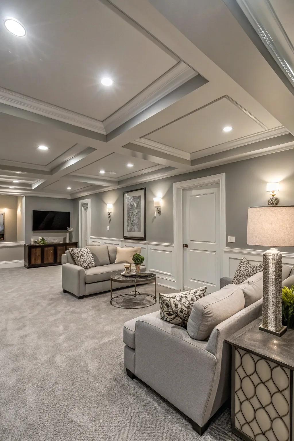 Single-color schemes can enhance the spacious feel of your basement.