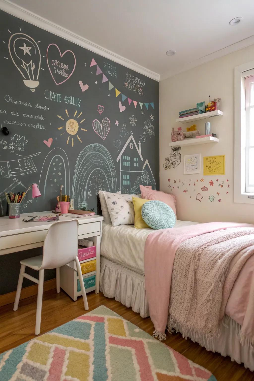 A chalkboard wall encourages creativity and play.