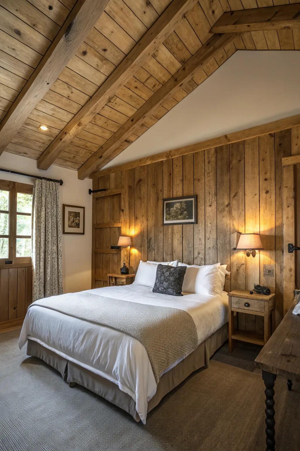 Rustic wood panels create a cozy atmosphere above the bed.