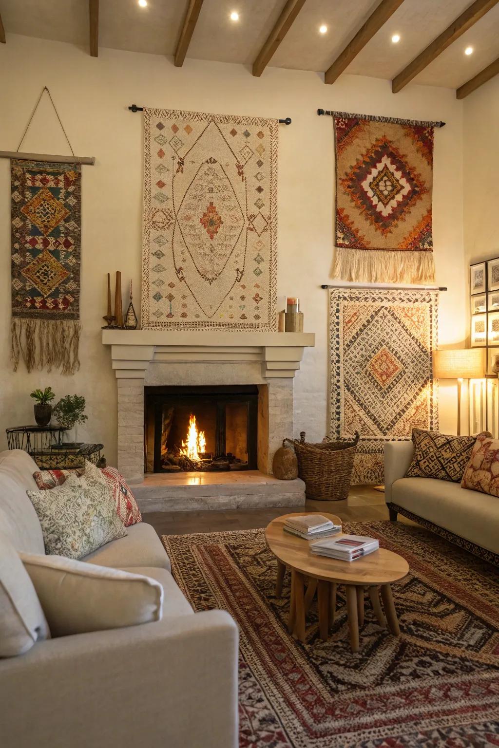 Woven artwork introduces a gentle and bohemian element above the fireplace.
