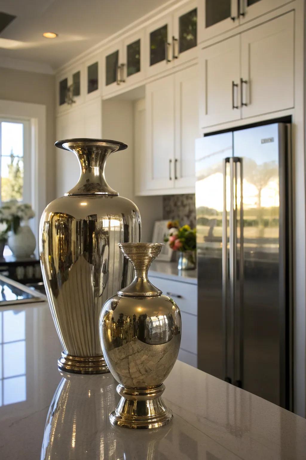 Reflective items add a modern, elegant vibe to the kitchen.