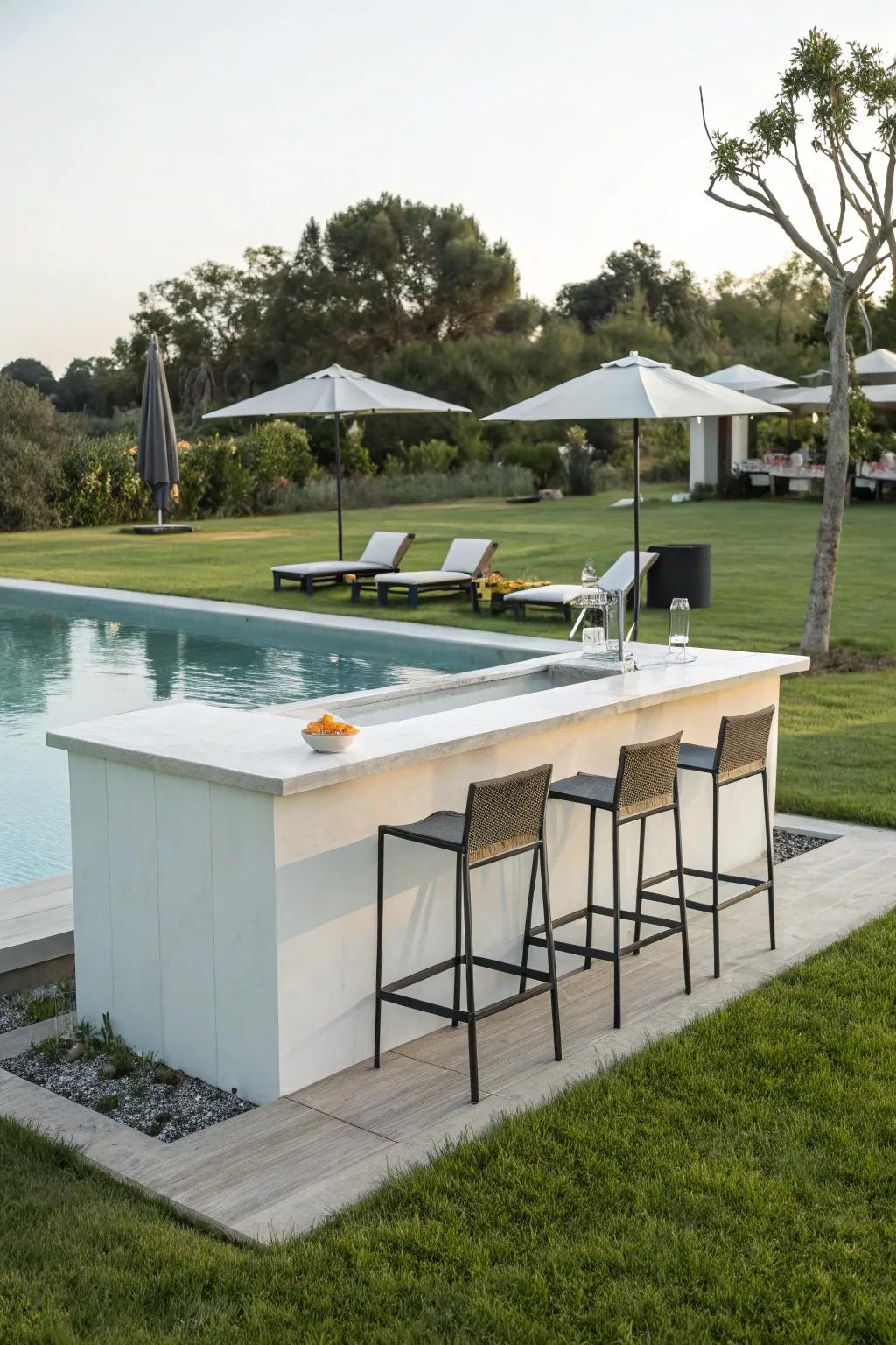 A simple bar design enhances a modern poolside aesthetic.
