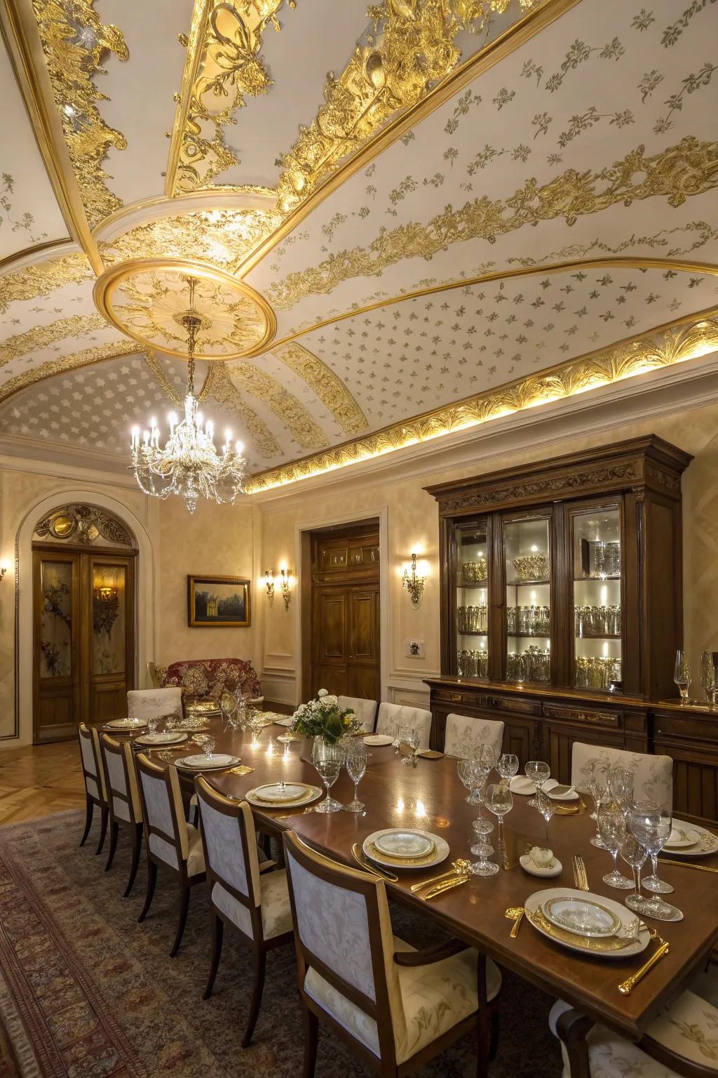 Gold leaf accents add a touch of glamour to this dining room ceiling.