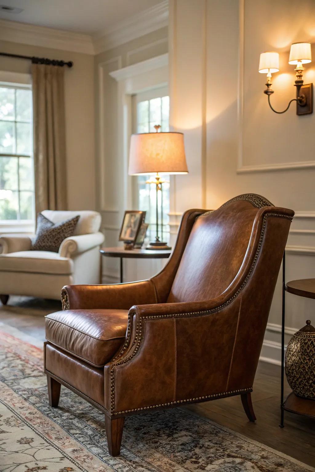 A leather chair offers timeless class and character.