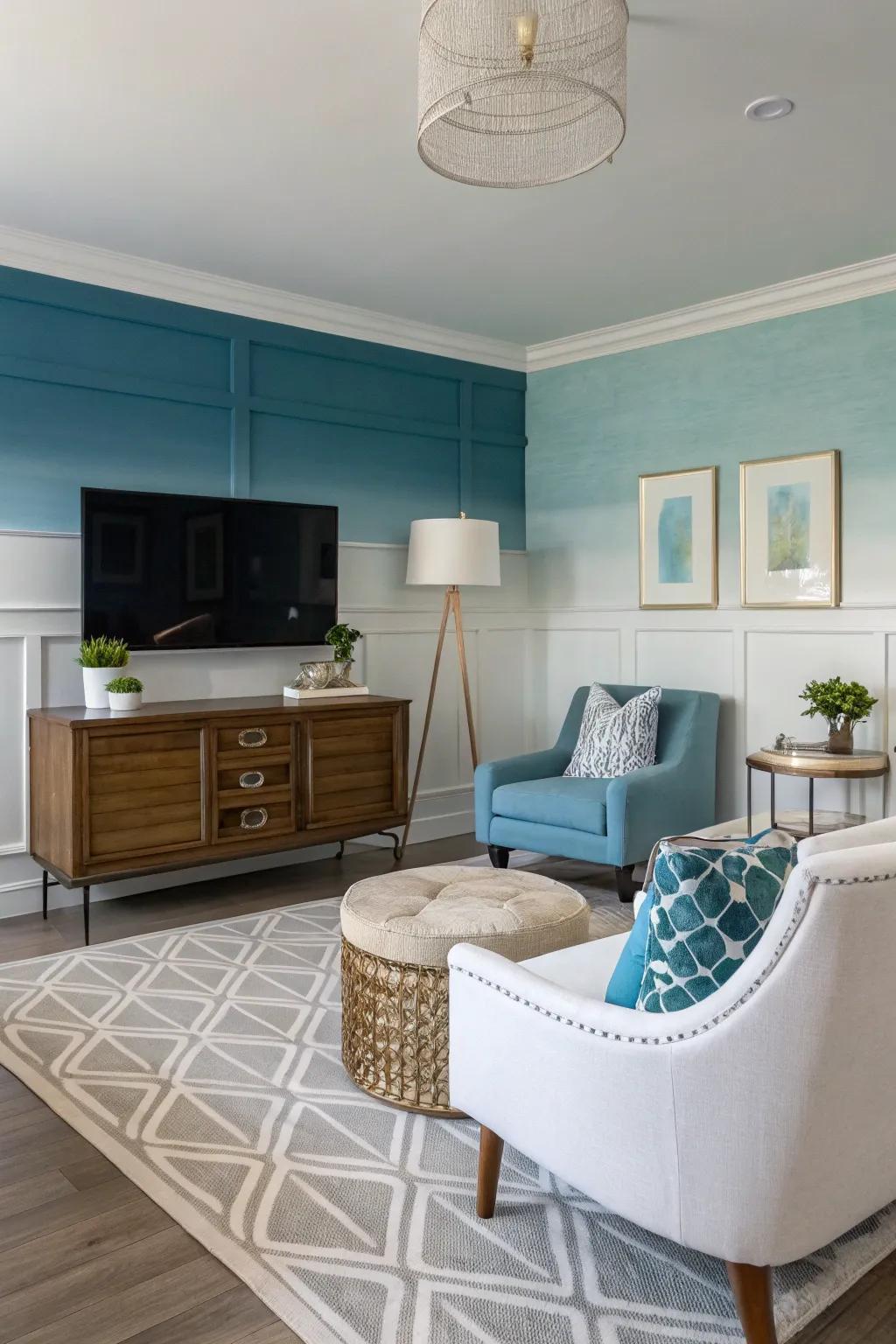 A lounge featuring a gradient color block feature wall.
