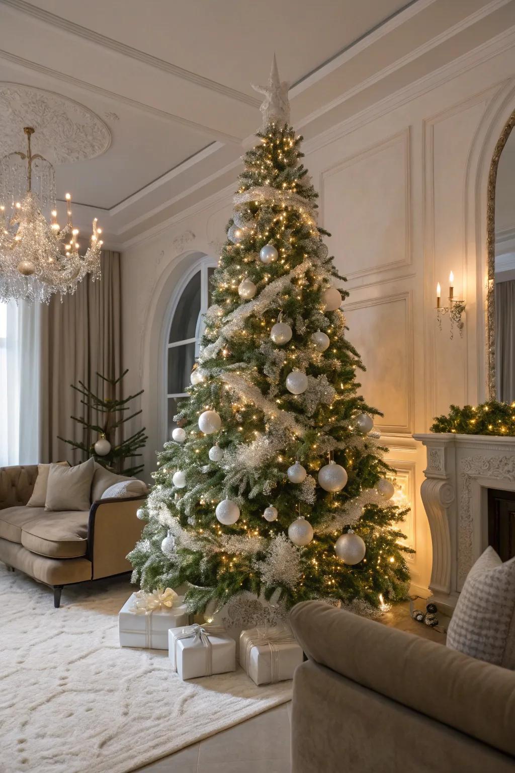 A serene and elegant Christmas tree within a white-on-white aesthetic.