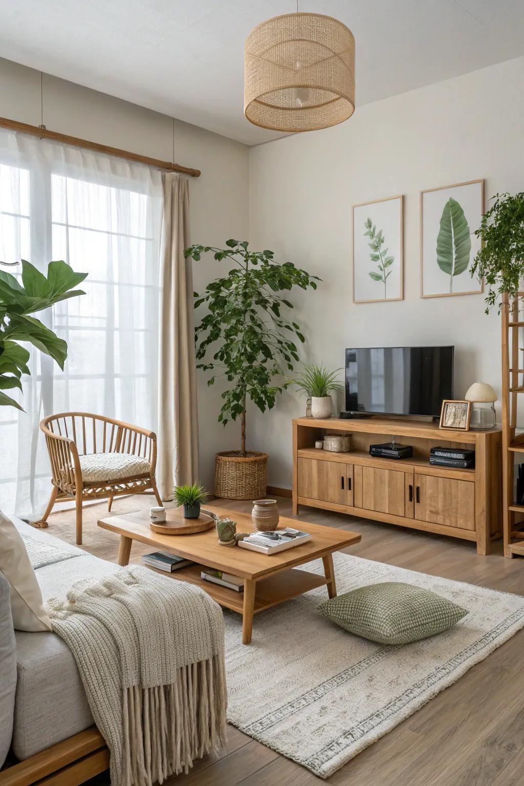 A serene living area showcasing Japandi theme.