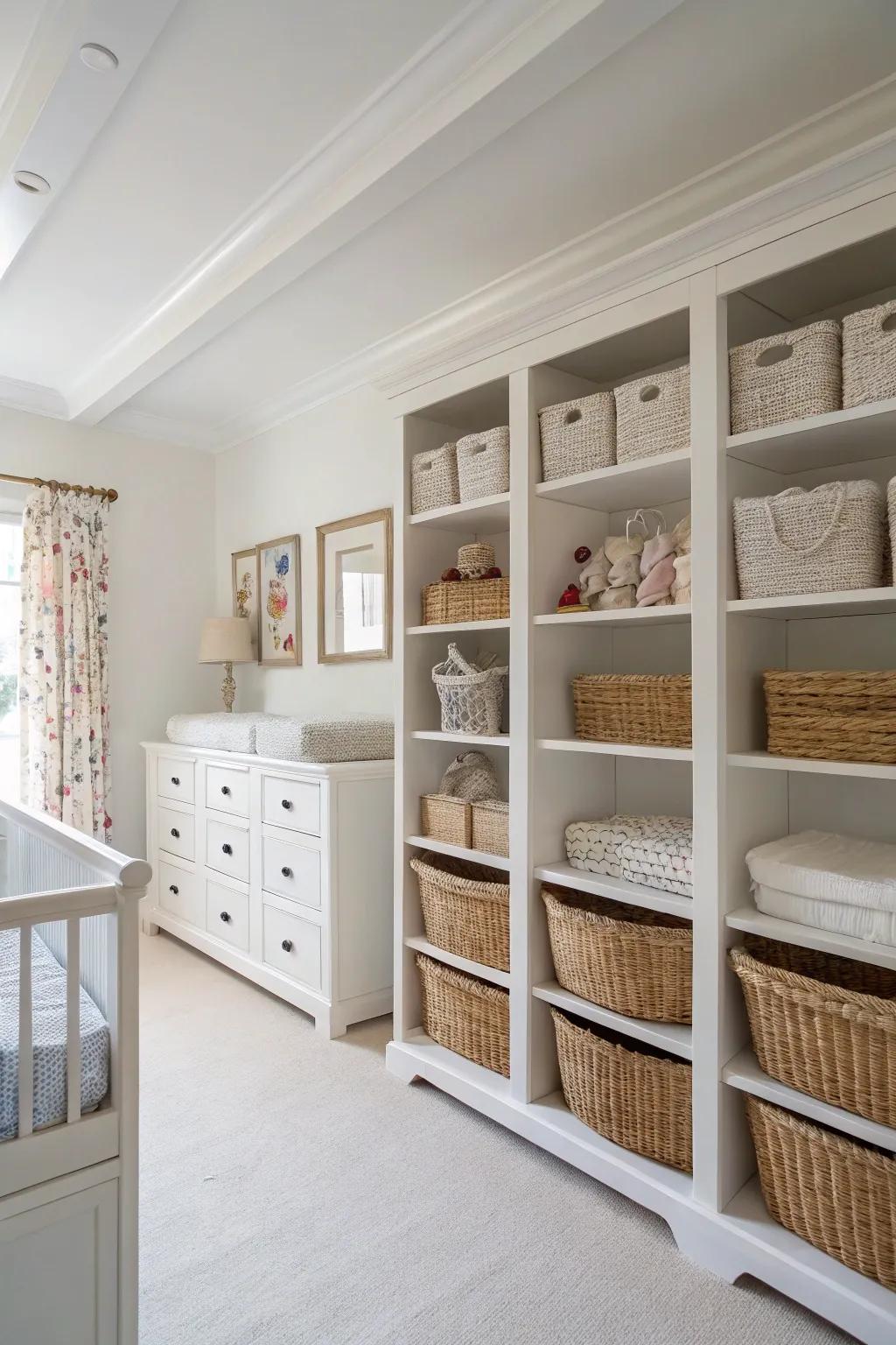 Clever storage solutions keep a white nursery organized and tidy.