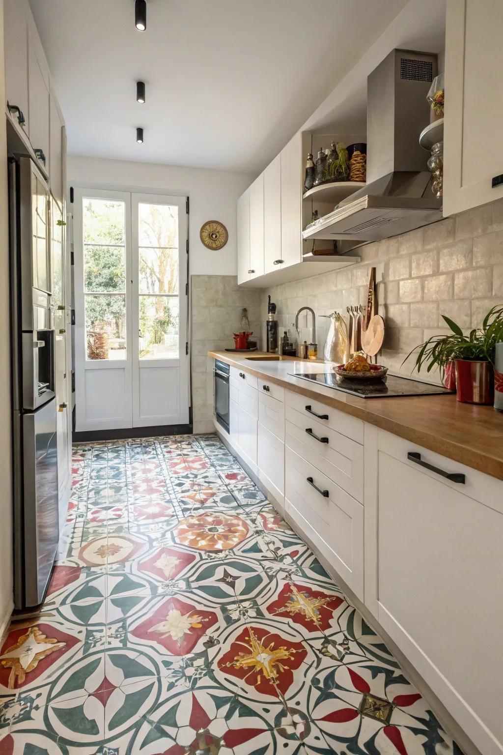 Patterned flooring adds a stylish statement to your cooking space.
