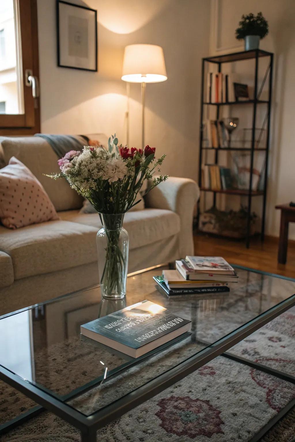 Glass furniture adds function without making the living room feel crowded.