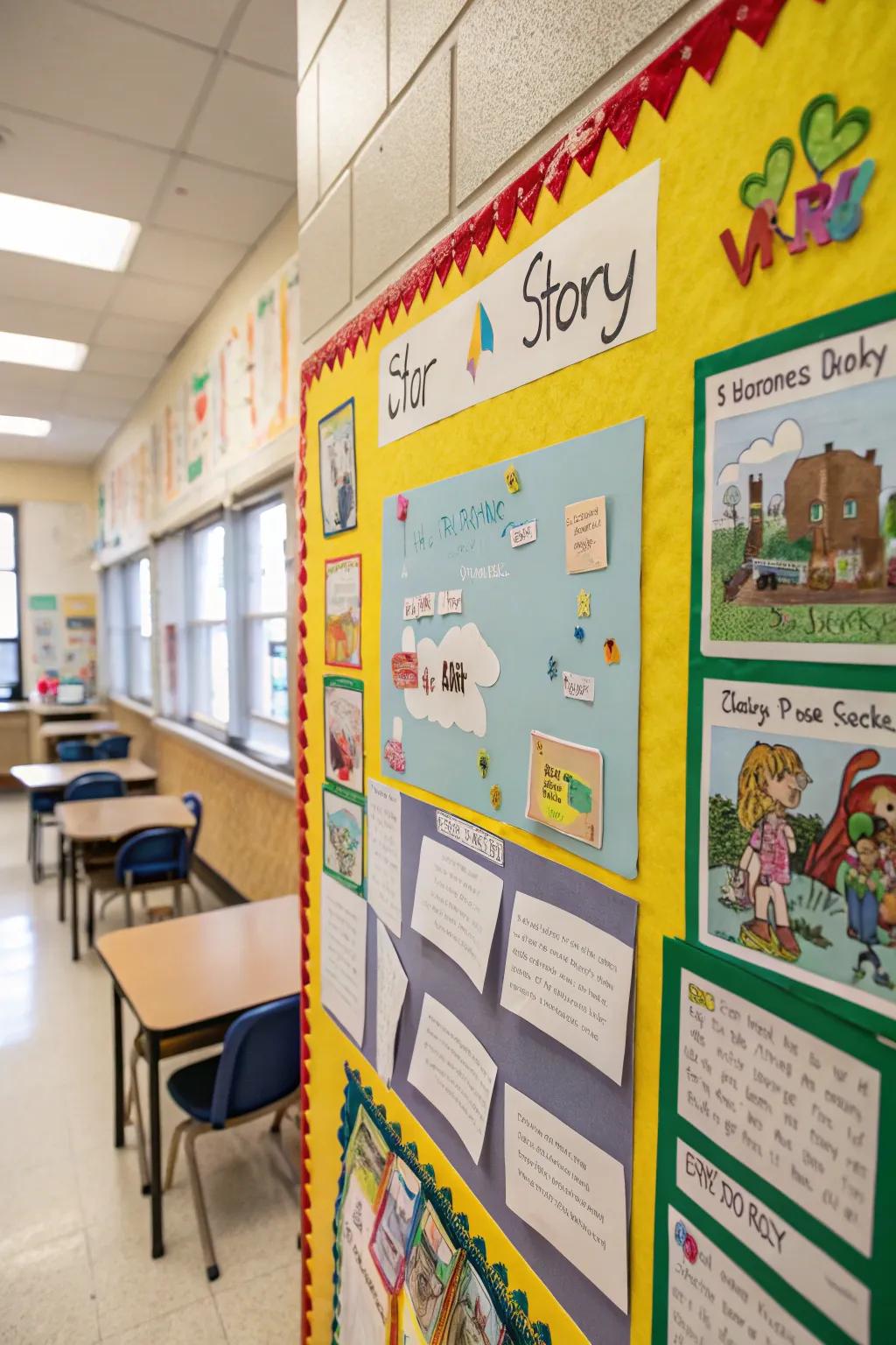 A bulletin board with interactive art story elements.