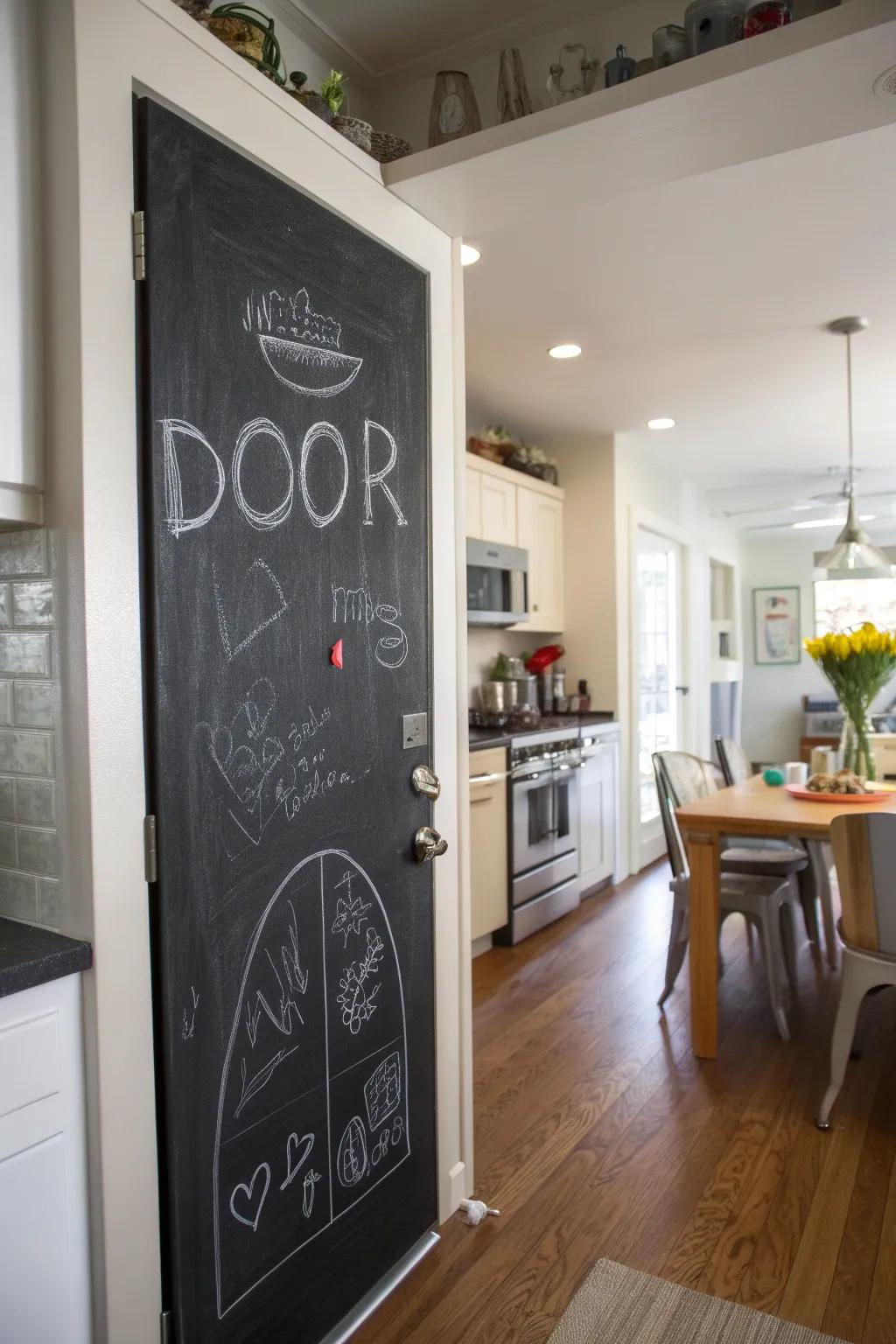 A board-painted door, functioning as an artistic and useful space for annotations.