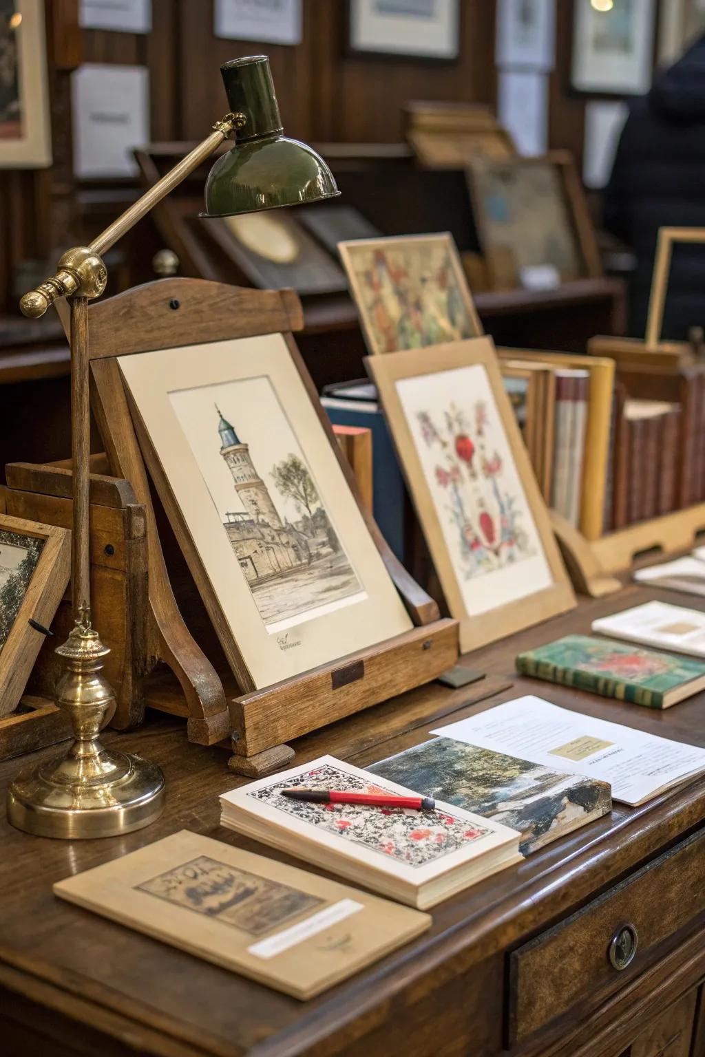 Art prints magnificently exhibited on wood stands.
