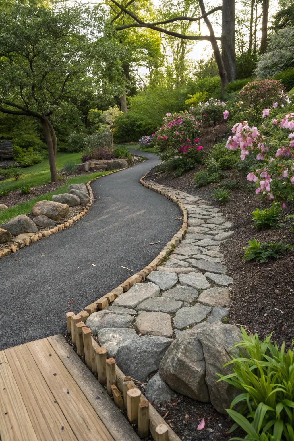 Natural elements create a seamless transition from asphalt to garden.