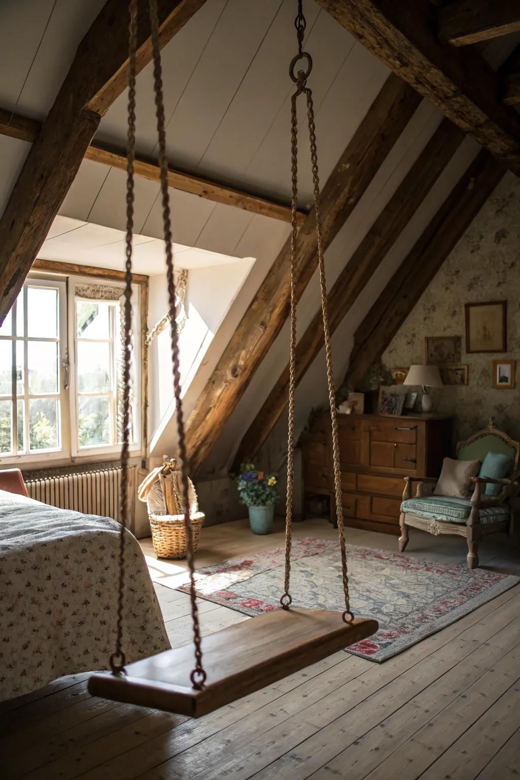 A swing adds a playful and whimsical touch to your attic bedroom.