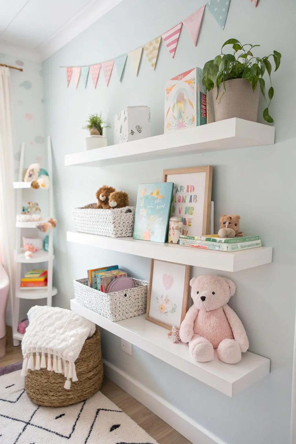 In a nursery area, floating shelves offer fashionable storage and display options.