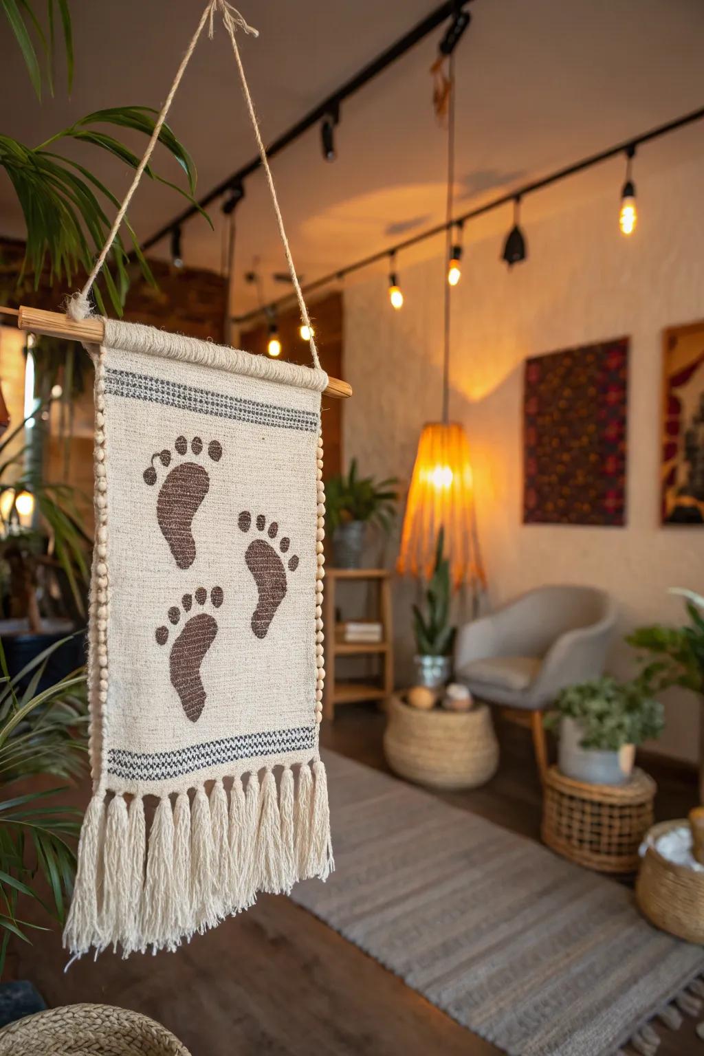 A delightful hanging that showcases baby footprints with flair.
