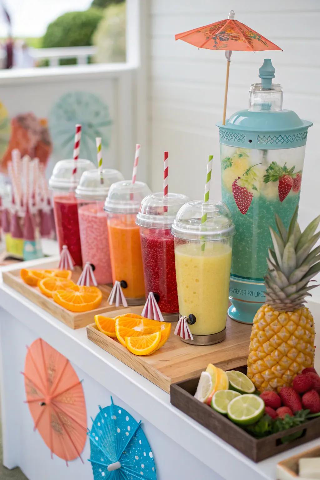 A themed drink station showcasing bright mocktails.