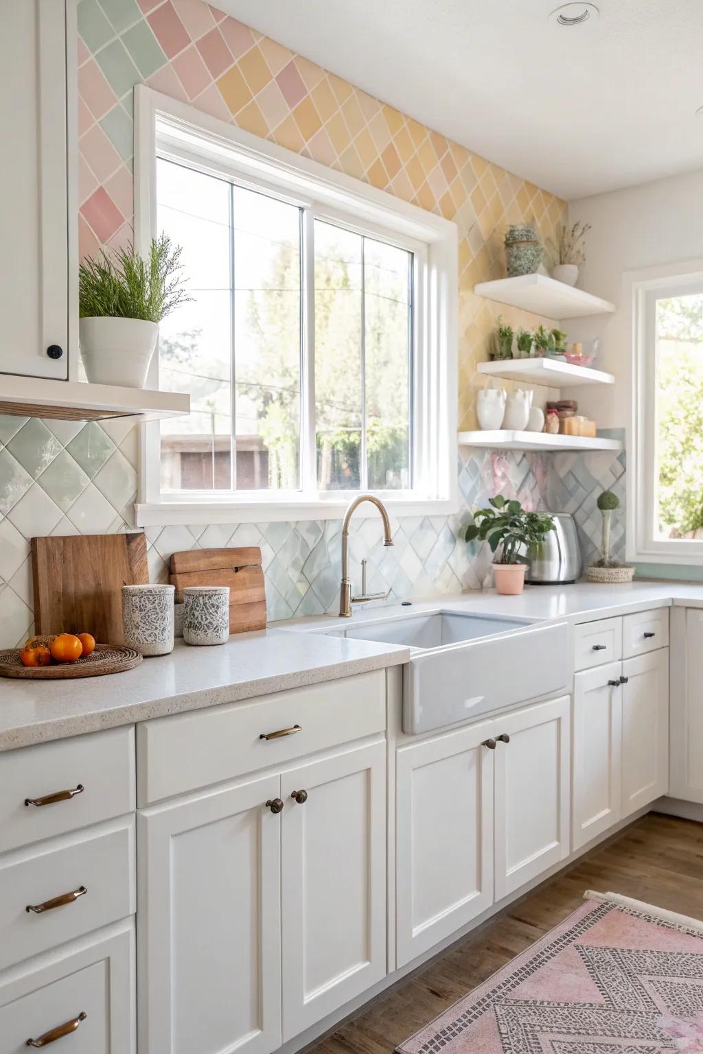 Pastel tiles create a calming atmosphere in this white kitchen.