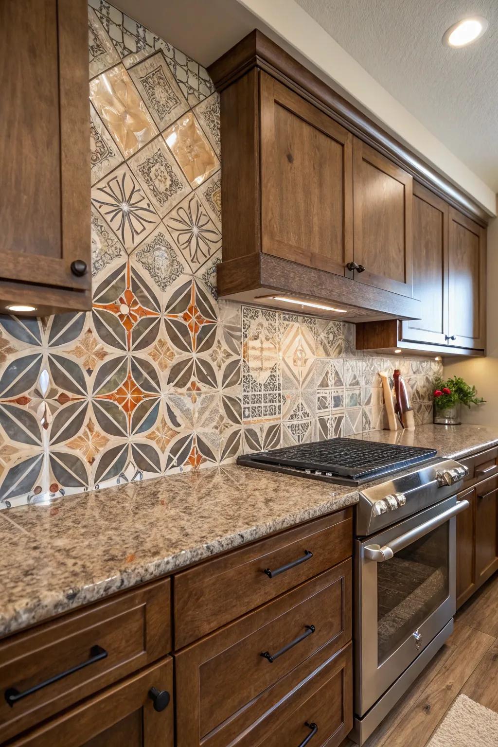 Geometric tiles add a contemporary flair to fantasy brown granite.