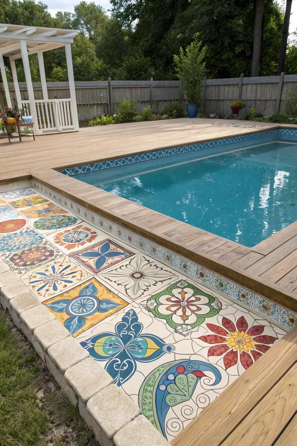 Artistic tile work adds a personal and colorful touch.