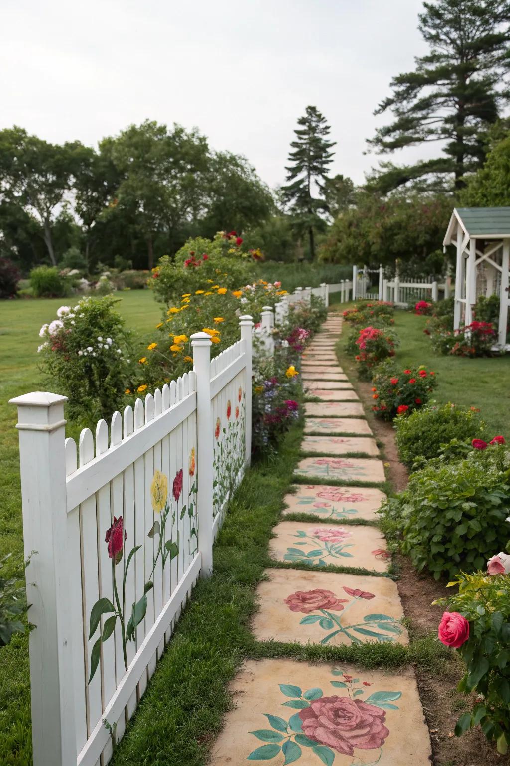 Painted pathways along a fence guide you on a garden adventure.