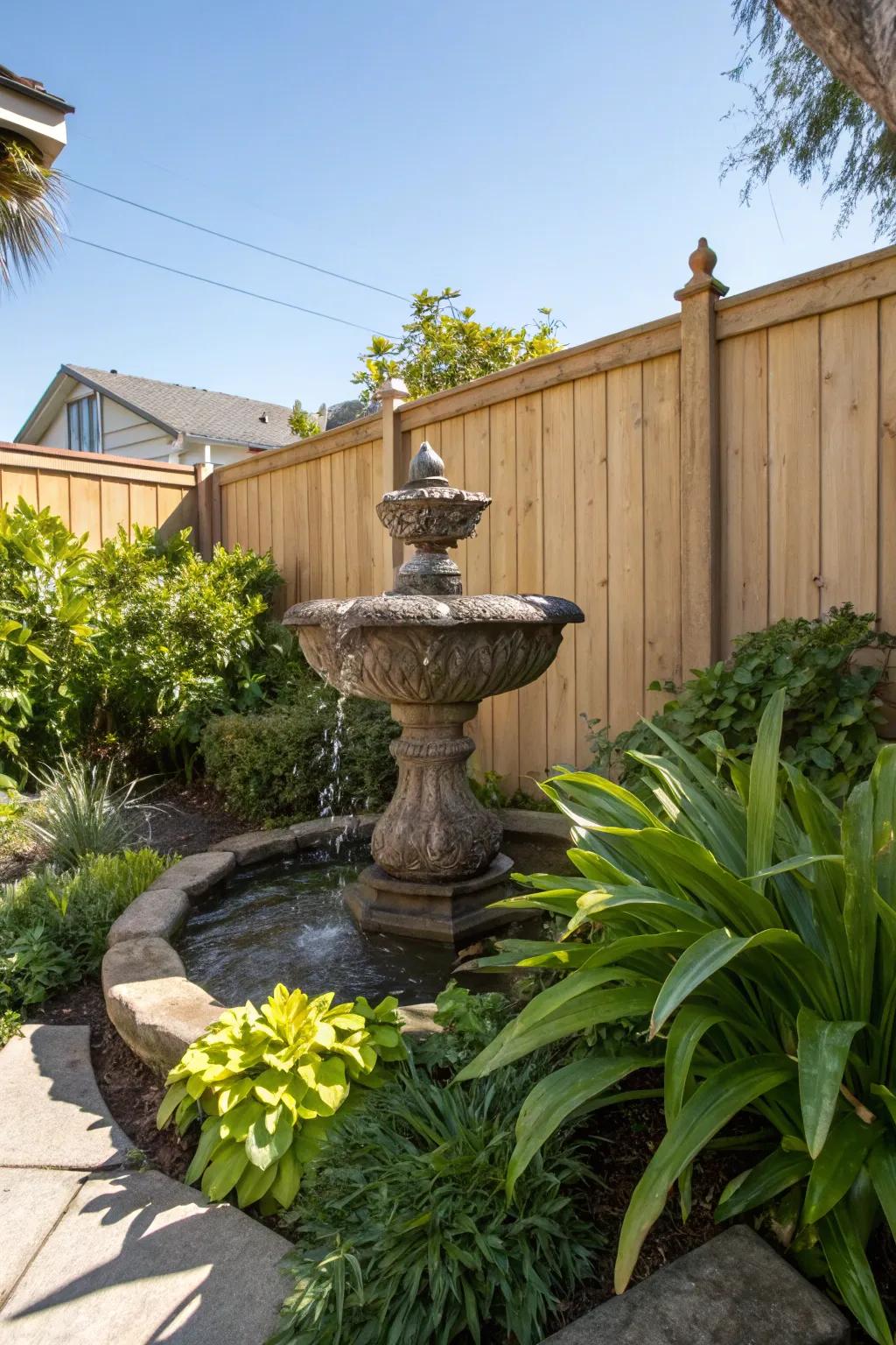 A fountain creates a peaceful core in your garden.