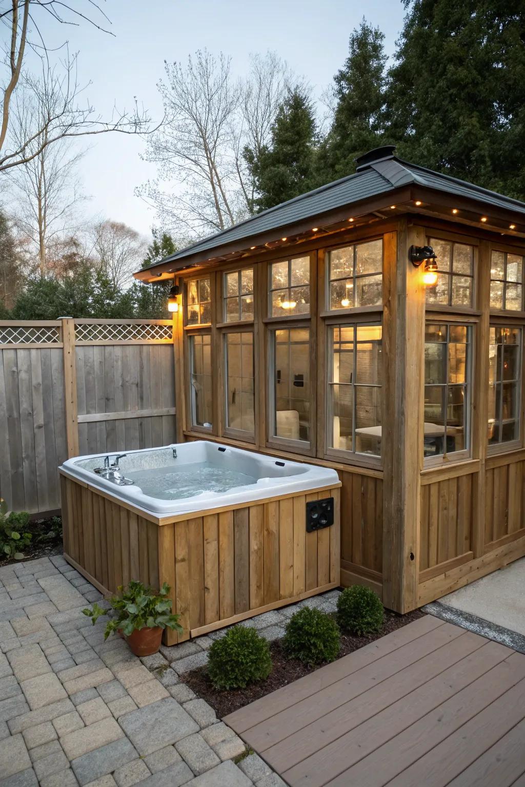 Custom shelters offer a completely private and personalized hot tub experience.