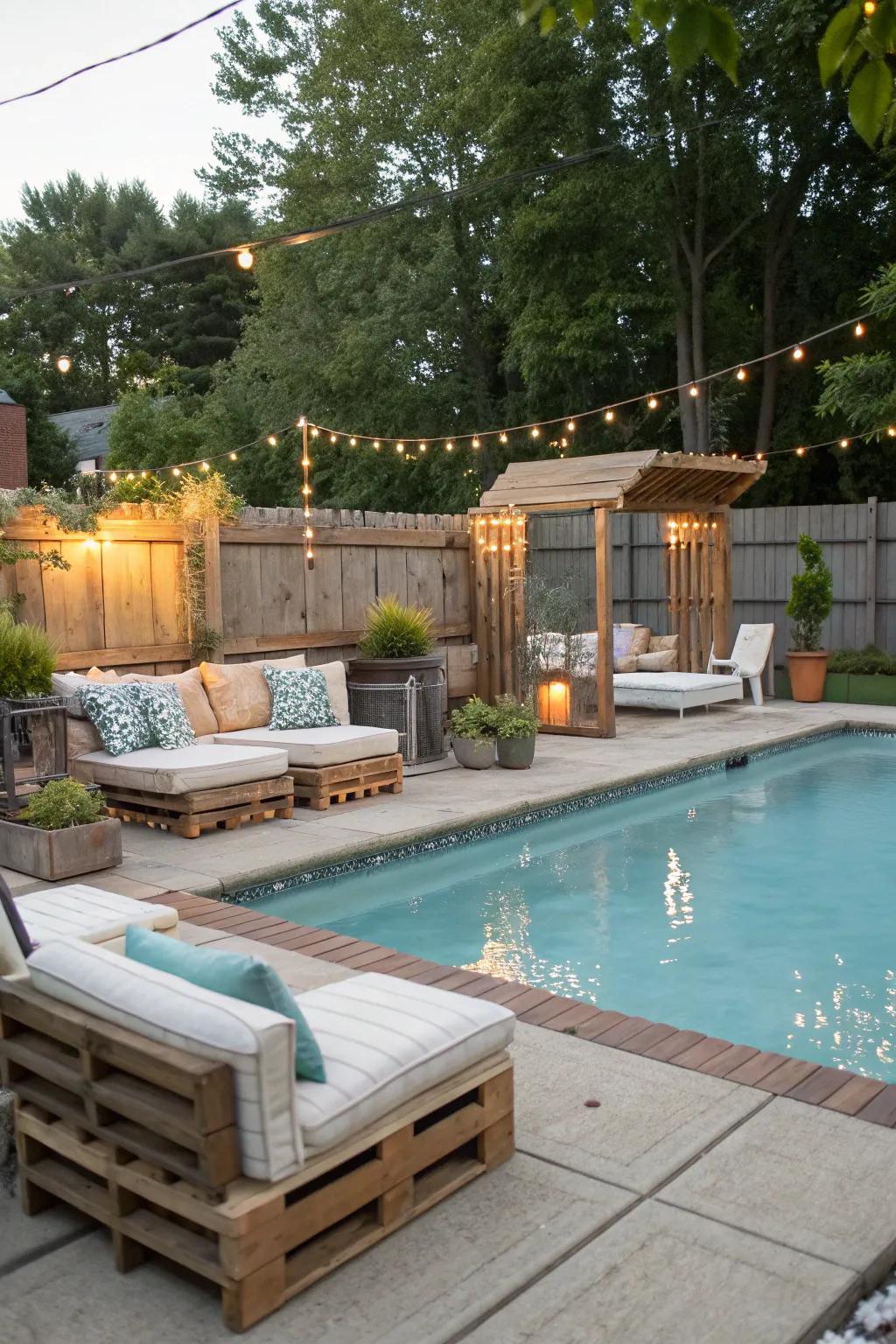 A charming poolside lounging zone enhanced through reused furnishings.