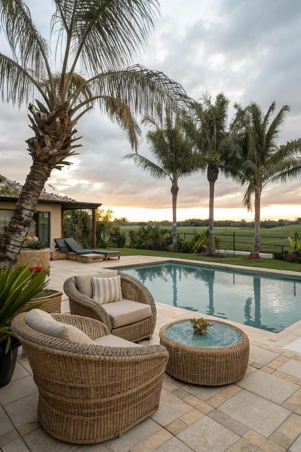 Textured accents such as rattan furniture elevate the tropical vibe.