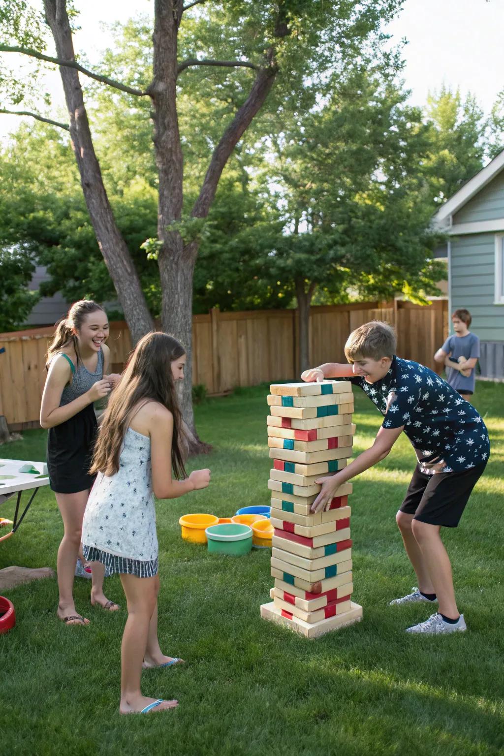 Guests reveling in oversized outdoor games at the party.