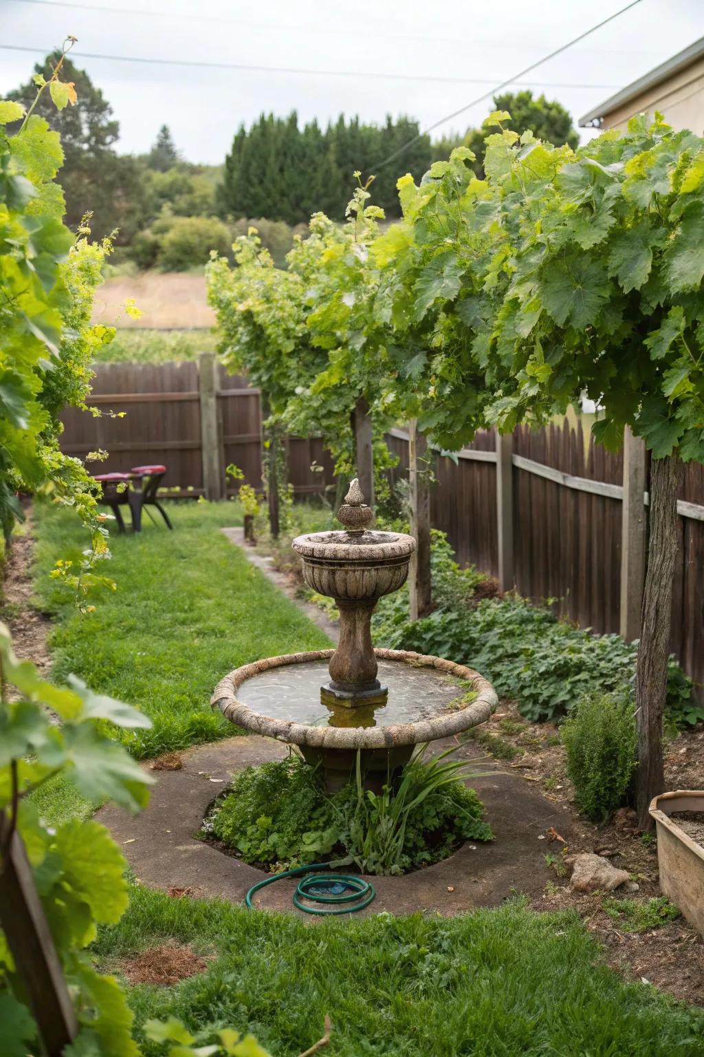 A spring feature enhances the vineyard’s serene ambiance.