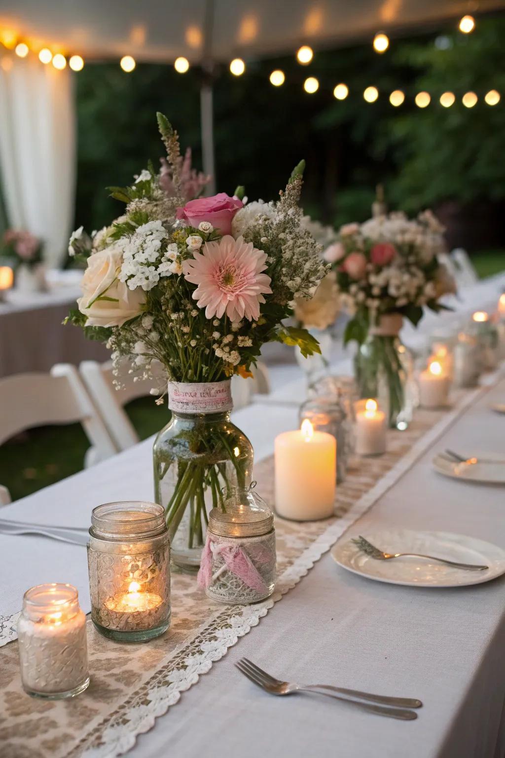 Rustic wedding decor using ball jars adds elegance to celebrations.