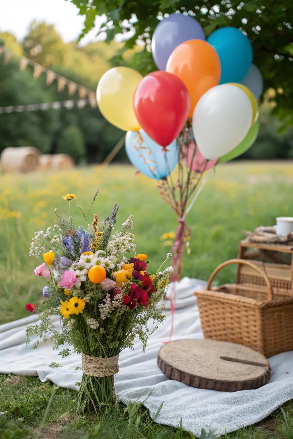 A country balloon arrangement that incorporates a natural touch to outdoor gatherings.