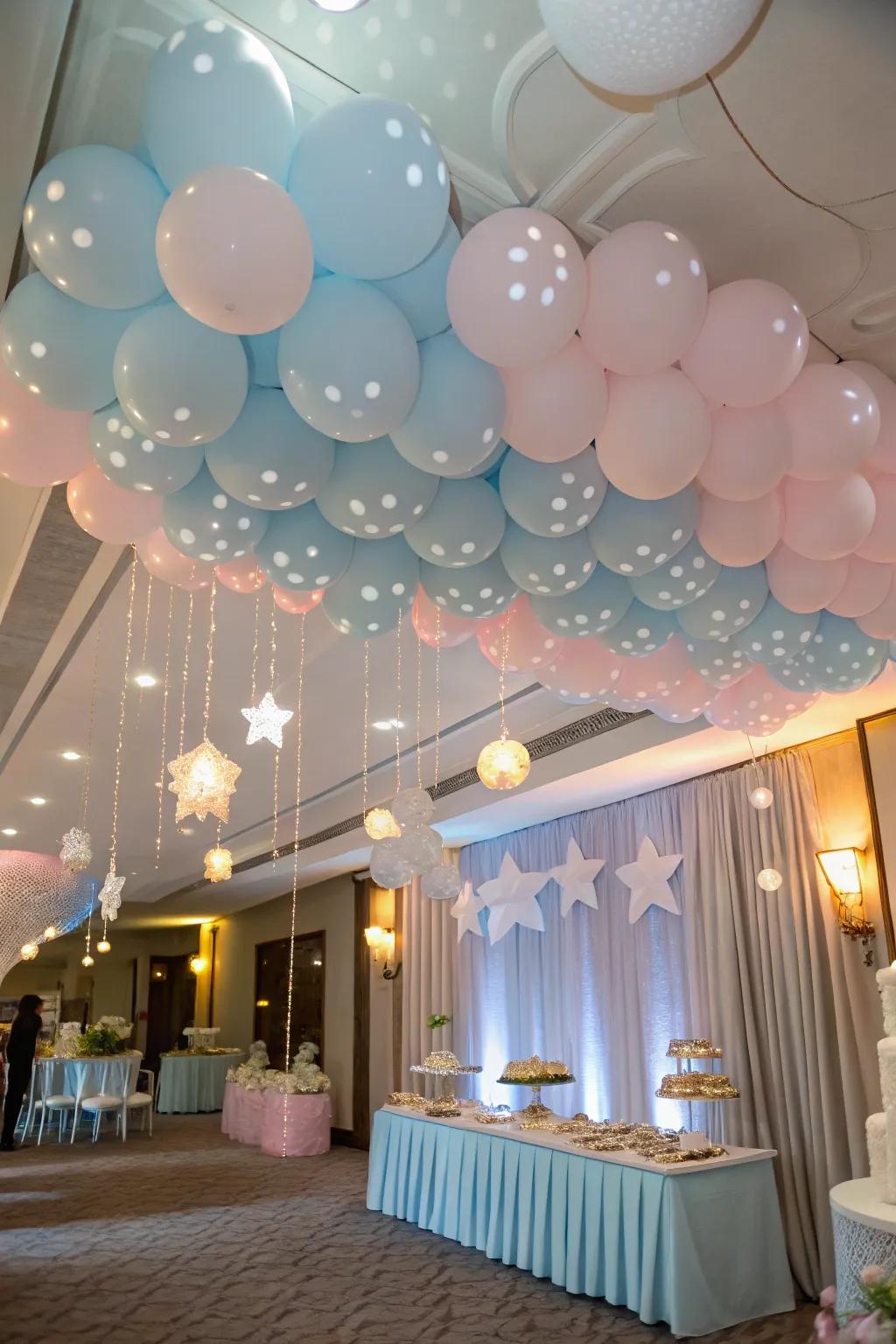 A nimbus balloon ceiling crafts a magical overhead experience.