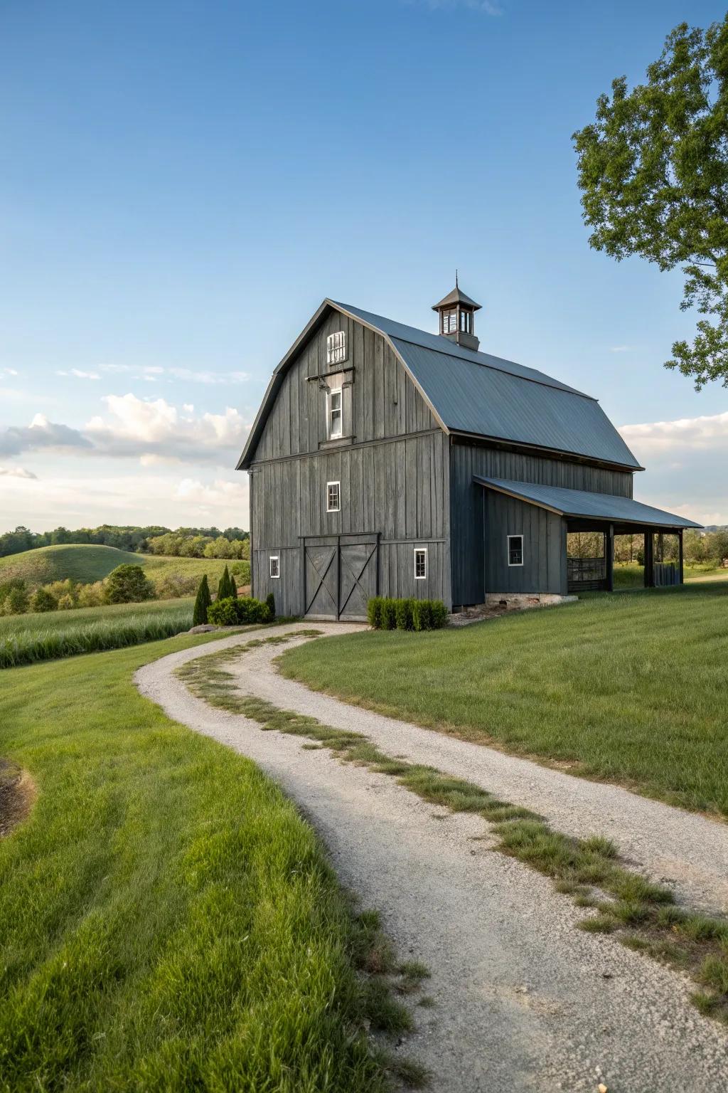 A refined coal gray barn that adds modern elegance to the countryside.