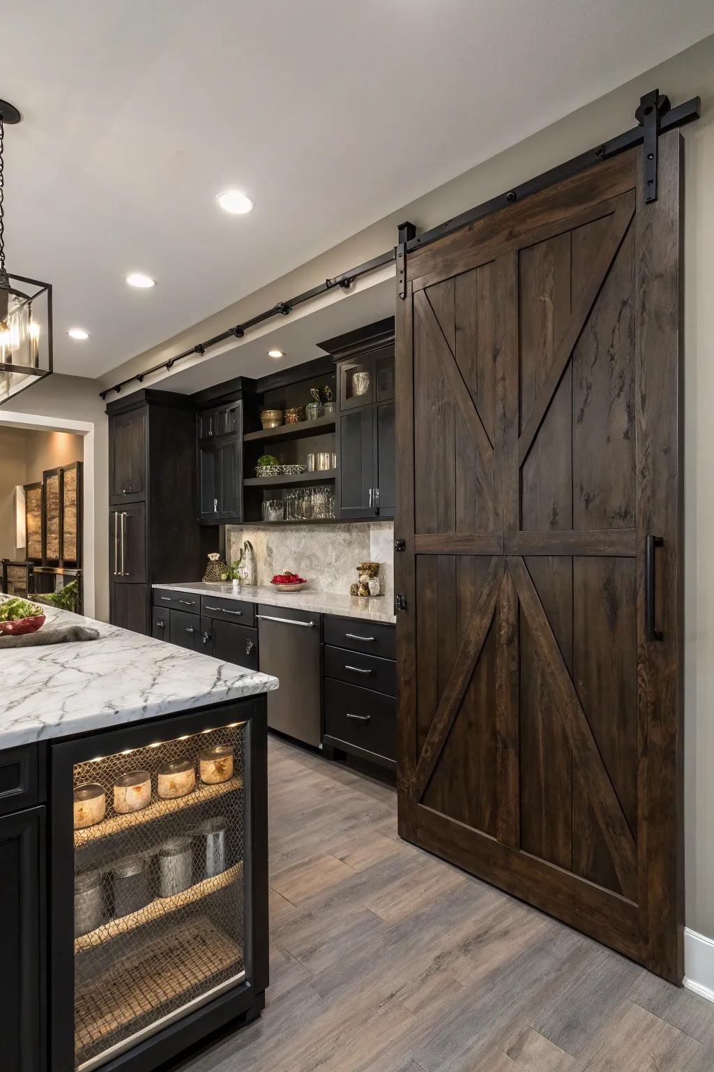 A kitchen showcasing a sliding barn door pantry swathed in inky shades.