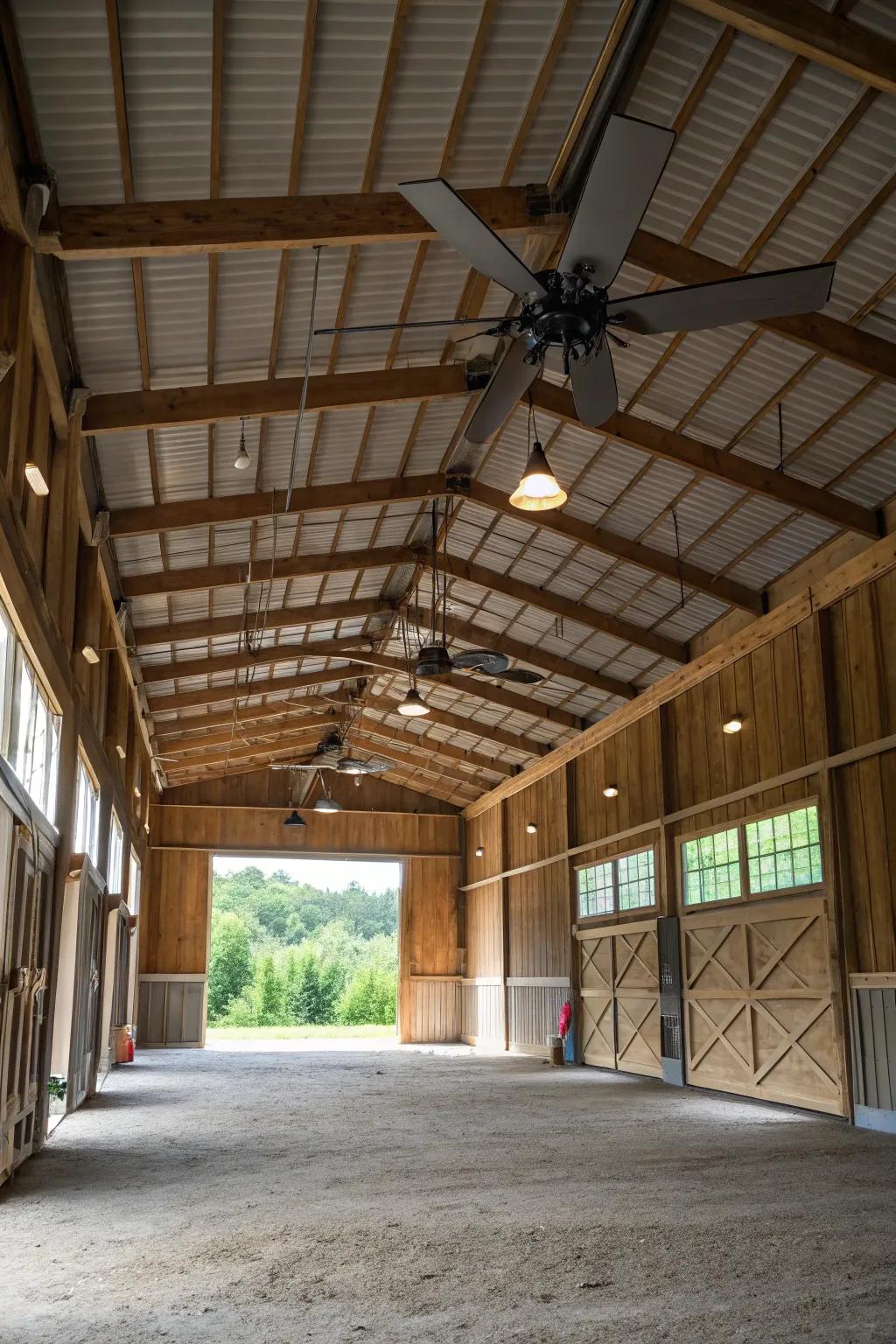 Fans make this barn garage comfy and have good air.