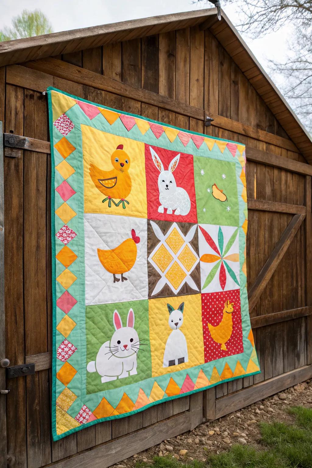 Whimsical fauna motif barn quilt.