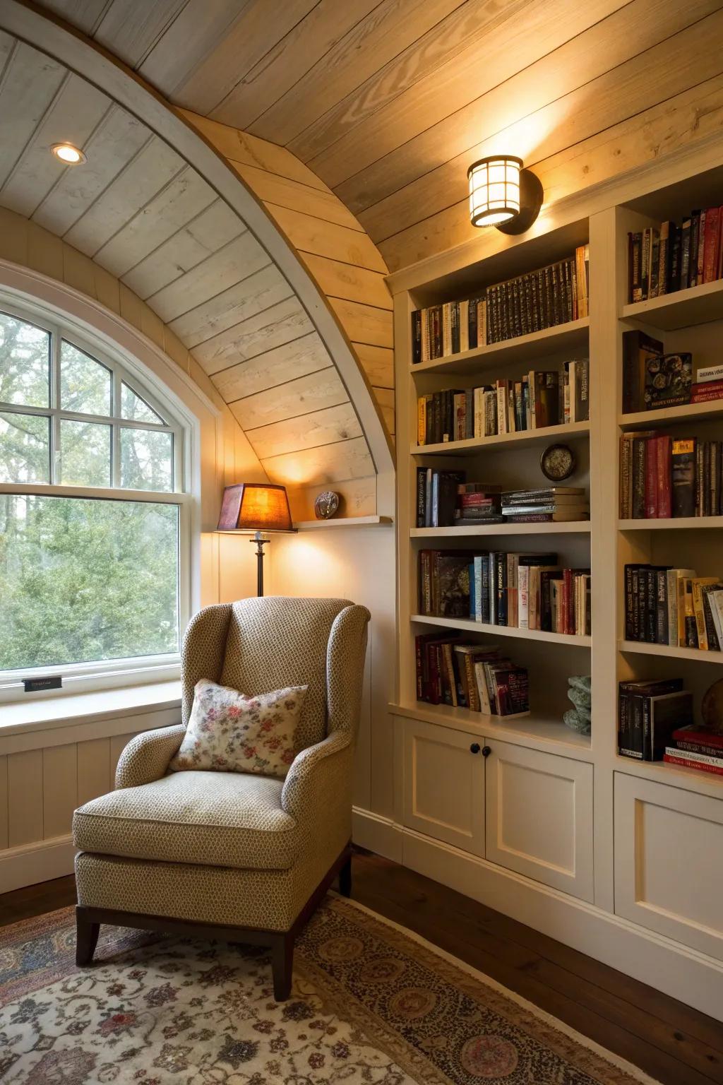 A cozy reading corner with integrated shelving in the vaulted ceiling.