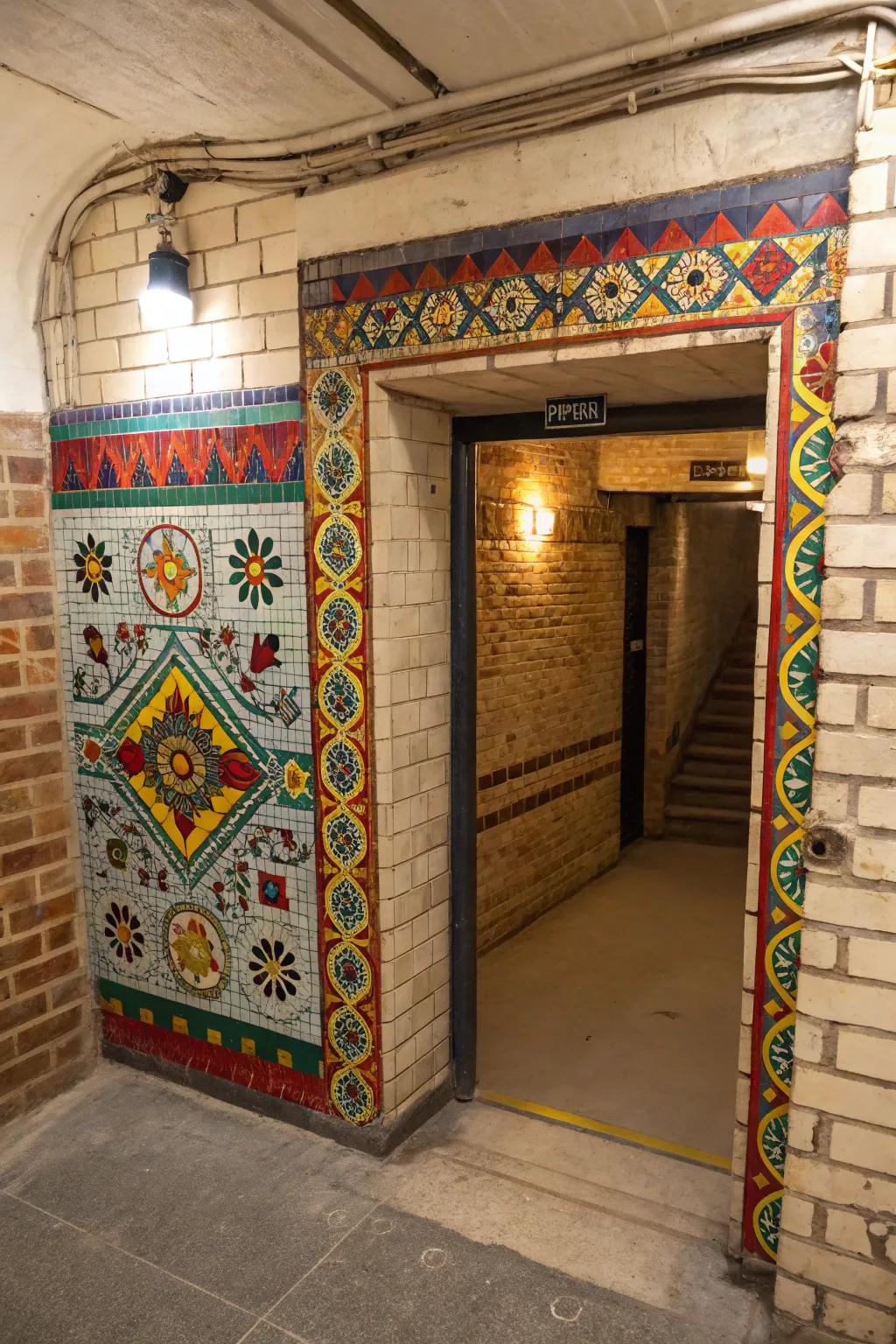 Mosaic designs enhance the entrance with artistry and color.