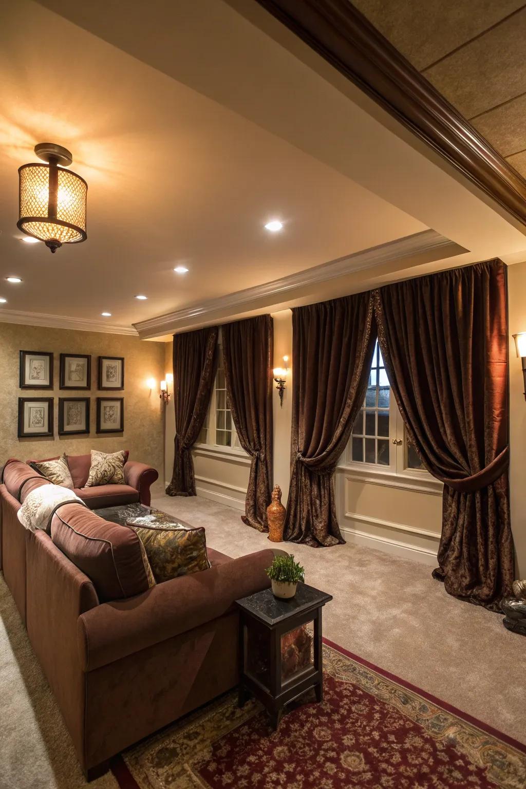 Curtains introduce warmth and style to this well-designed basement.