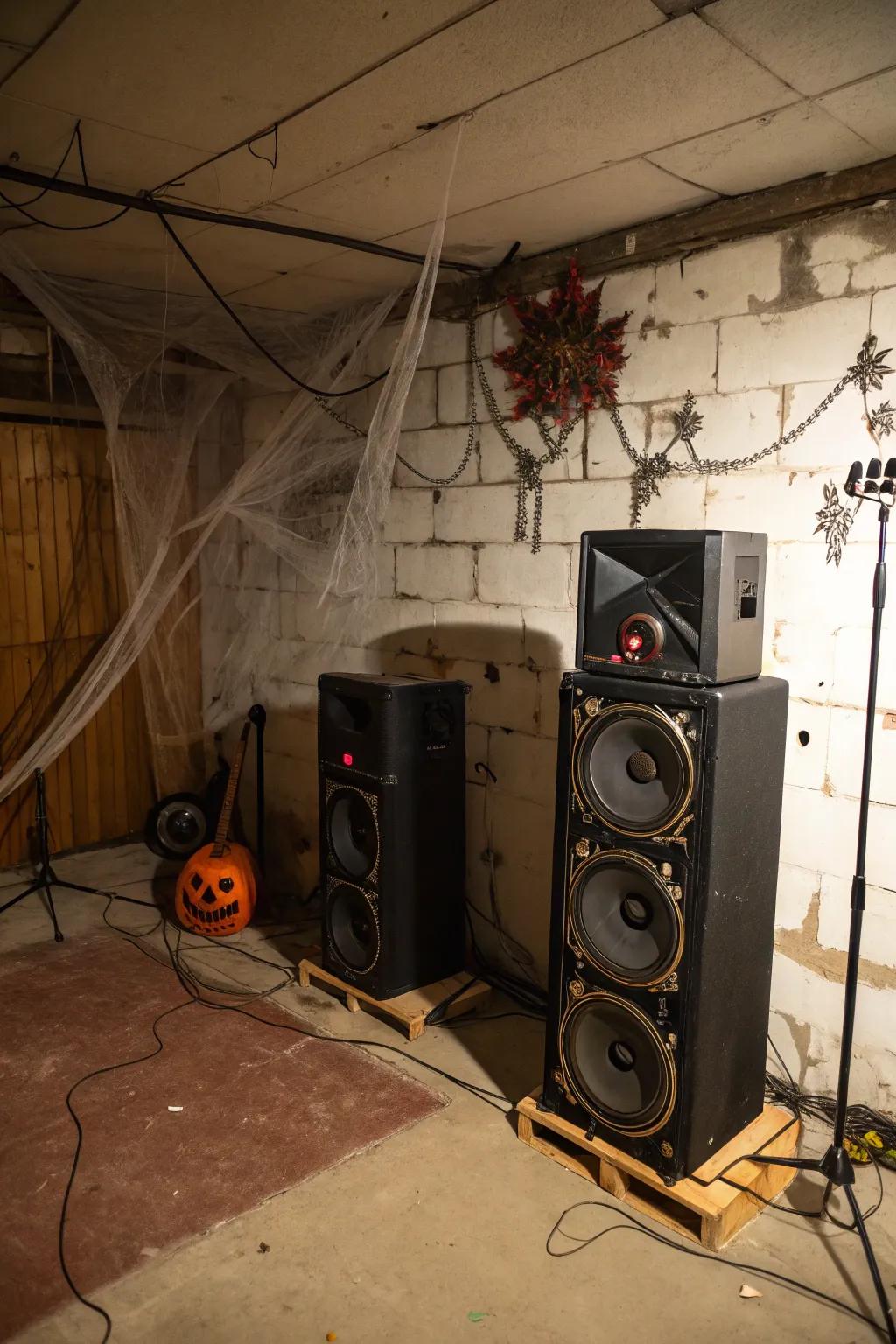 A chilling soundtrack sets the tone for your haunted affair.