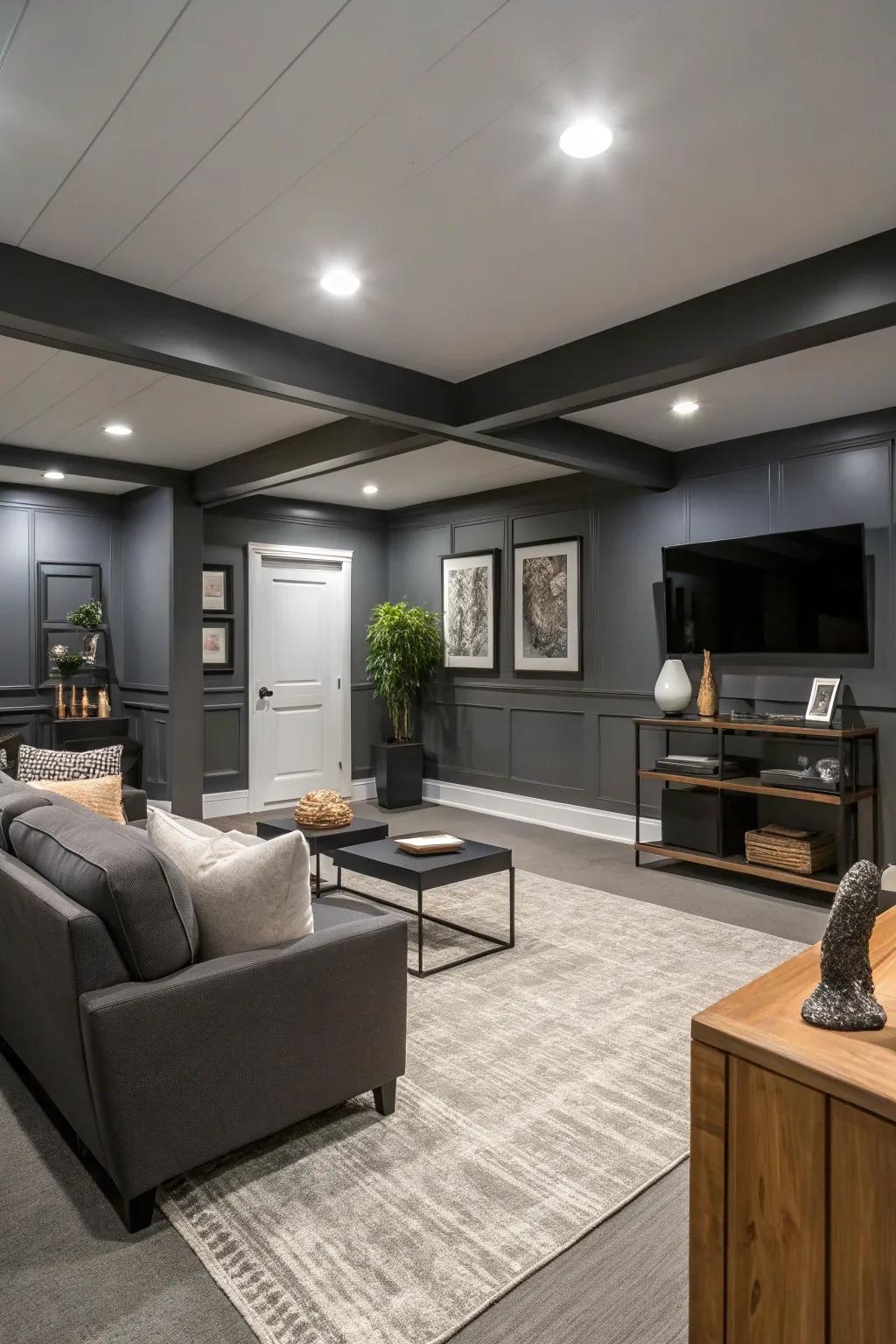Walls of dark gray give this lower level a modern vibe.