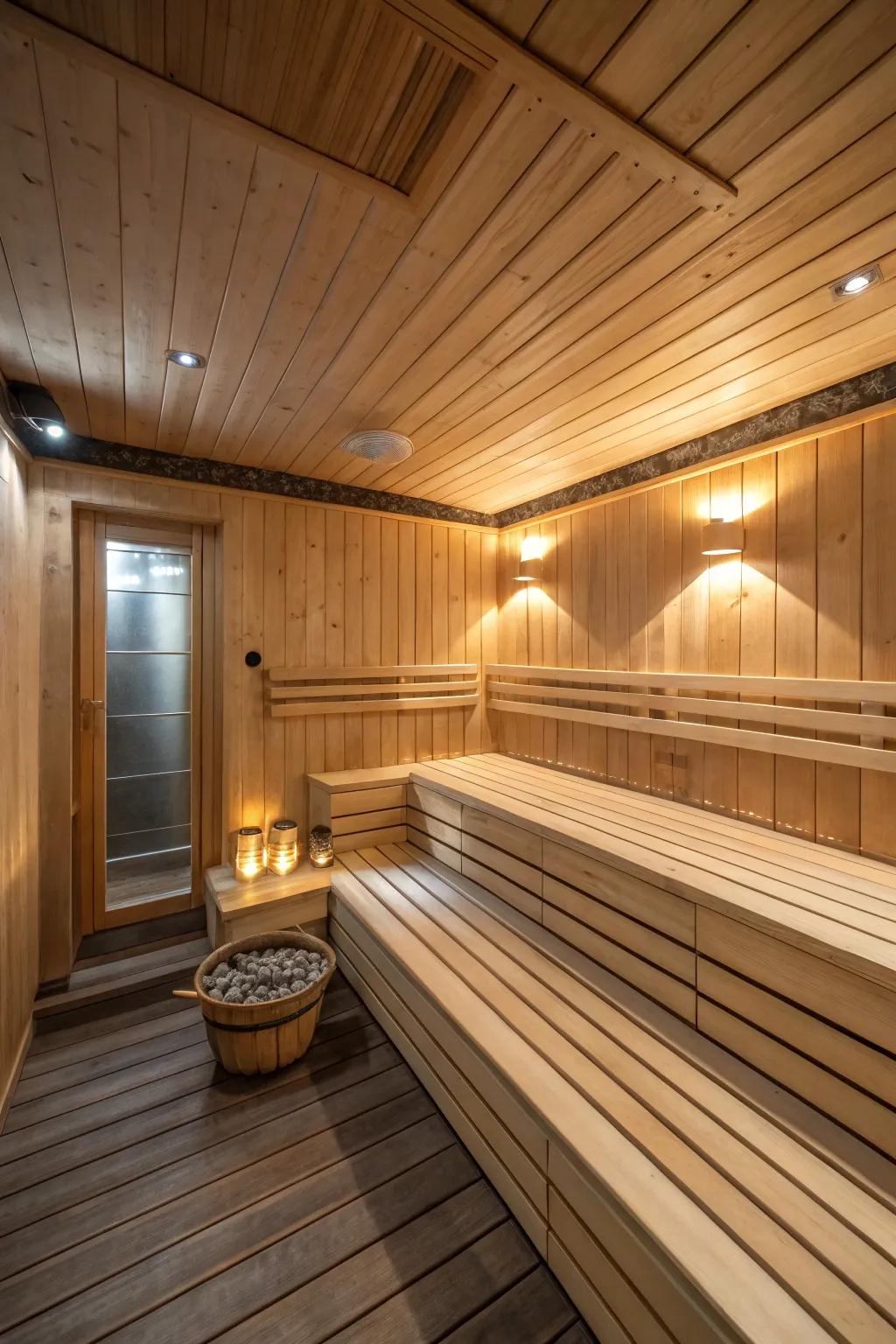 A luxurious basement sauna with natural wood finishes and soft lighting.