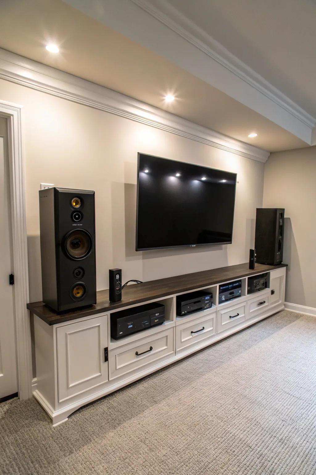 A basement TV wall showcasing wall-mounted speakers for an enhanced audio experience.