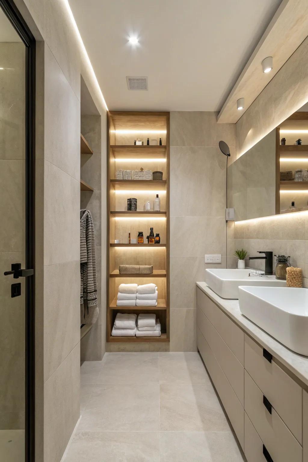 Sleek shelving cultivates a simple and modern bathroom aesthetic.