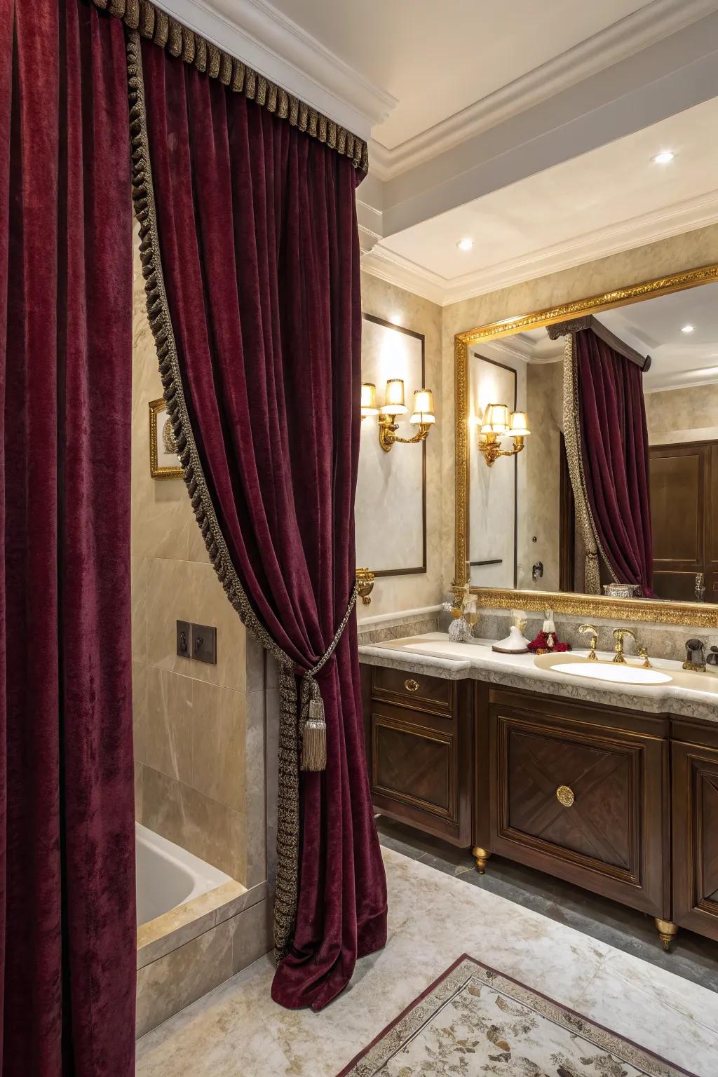 Velvet curtains bring opulence and luxury to your bathroom.